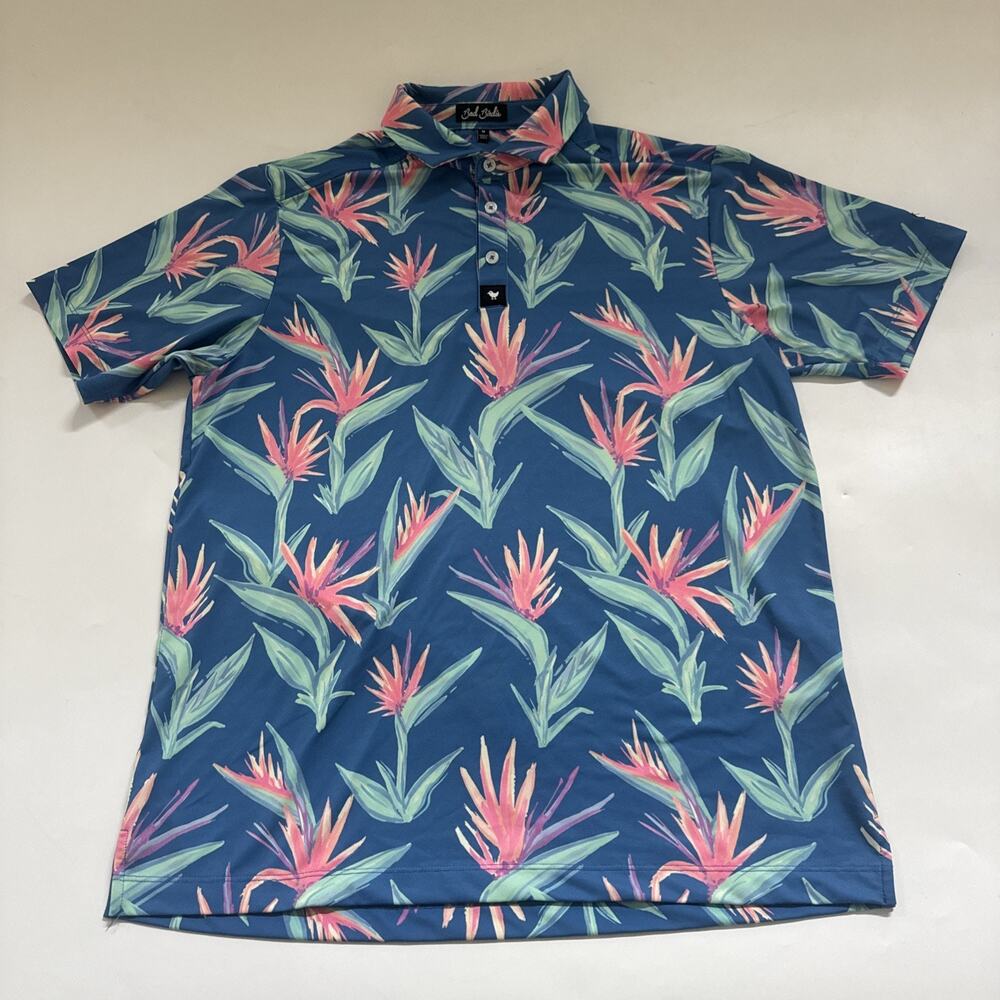 Bad Birdie‎ Polo Shirt Medium Floral Hawaiian Performance Golf Birds of Paradise